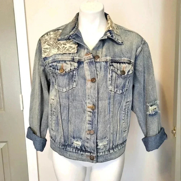 LUNIK Floral Distressed/ Destroyed 90's Denim Jean Jacket(Large) - Picture 1 of 11